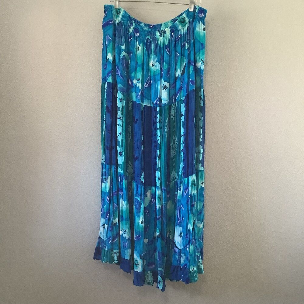 Vintage Blue Mermaidcore Floral Patchwork Bohemian Hippie Festival Maxi Skirt XL